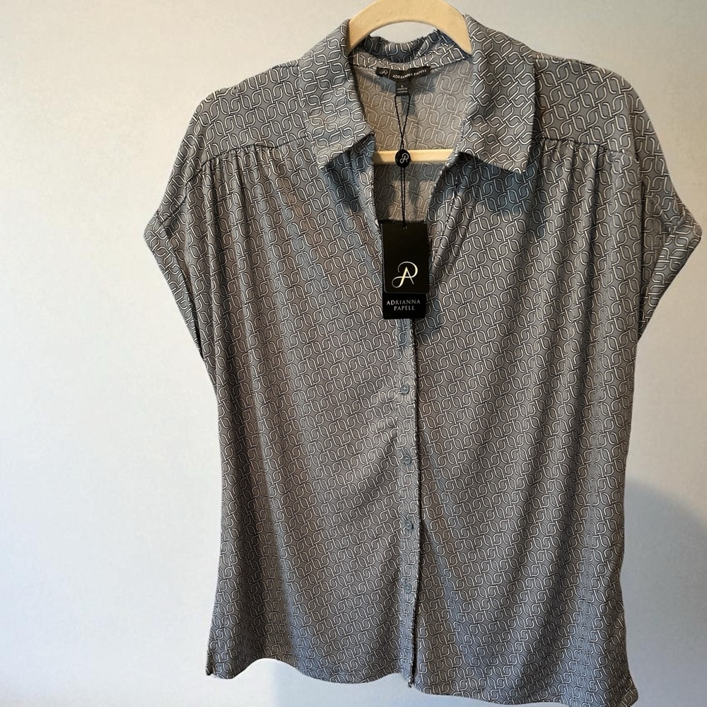 Adrianna Papell Blue/Gray Geometric Button Front Blouse Extended Sleeve NWT